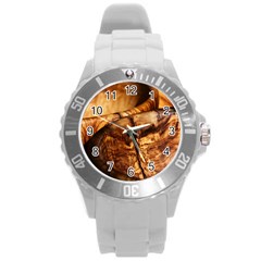 Olive Wood Wood Grain Structure Round Plastic Sport Watch (l) by Sapixe