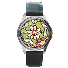 Flowers Fabrics Floral Design Round Metal Watch by Sapixe