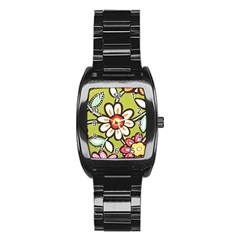 Flowers Fabrics Floral Design Stainless Steel Barrel Watch by Sapixe