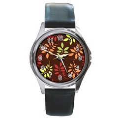 Leaves Foliage Pattern Design Round Metal Watch by Sapixe