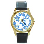 Hibiscus Wallpaper Flowers Floral Round Gold Metal Watch Front