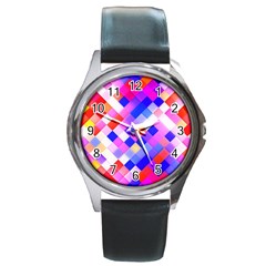 Squares Pattern Geometric Seamless Round Metal Watch by Sapixe