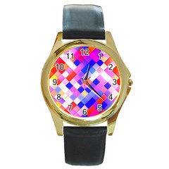 Squares Pattern Geometric Seamless Round Gold Metal Watch by Sapixe