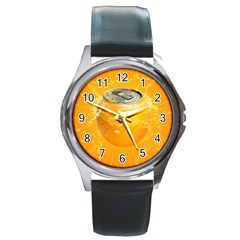 Orange Drink Splash Poster Round Metal Watch by Sapixe