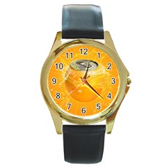 Orange Drink Splash Poster Round Gold Metal Watch by Sapixe