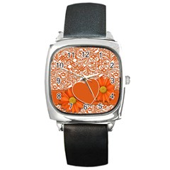 Flower Floral Heart Background Square Metal Watch by Sapixe