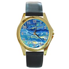 Sunlit Waters Round Gold Metal Watch by lwdstudio