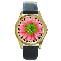 Plant Flower Flowers Design Leaves Round Gold Metal Watch by Sapixe