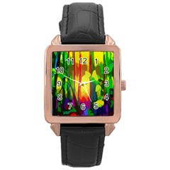 Abstract Vibrant Colour Botany Rose Gold Leather Watch 