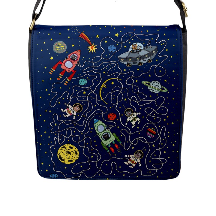 Cat Cosmos Cosmonaut Rocket Flap Closure Messenger Bag (L)