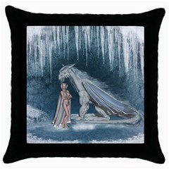 Wonderful Fairy With Ice Dragon Throw Pillow Case (black) by FantasyWorld7