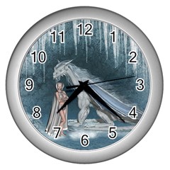 Wonderful Fairy With Ice Dragon Wall Clock (silver) by FantasyWorld7