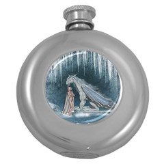 Wonderful Fairy With Ice Dragon Round Hip Flask (5 Oz) by FantasyWorld7