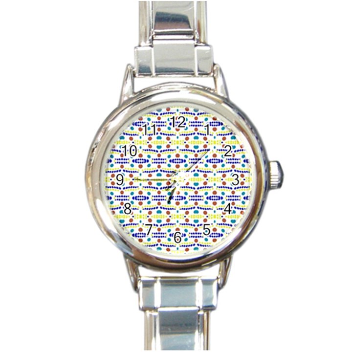 Retro Blue Yellow Brown Teal Dot Pattern Round Italian Charm Watch