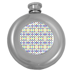 Retro Blue Yellow Brown Teal Dot Pattern Round Hip Flask (5 Oz) by BrightVibesDesign