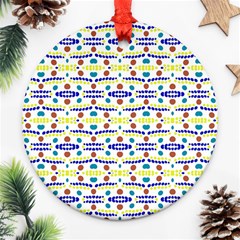 Retro Blue Yellow Brown Teal Dot Pattern Round Ornament (two Sides) by BrightVibesDesign