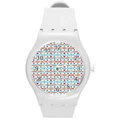 Retro Pink Green Blue Orange Dots Pattern Round Plastic Sport Watch (m) by BrightVibesDesign