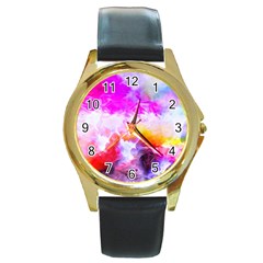 Background Drips Fluid Colorful Round Gold Metal Watch by Sapixe