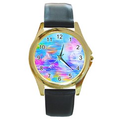 Background Drips Fluid Colorful Round Gold Metal Watch by Sapixe