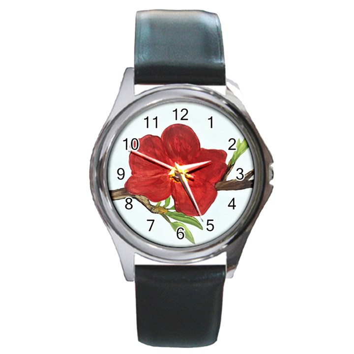 Deep Plumb Blossom Round Metal Watch