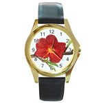 Deep Plumb Blossom Round Gold Metal Watch Front