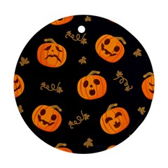 Funny Scary Black Orange Halloween Pumpkins Pattern Ornament (round) by HalloweenParty