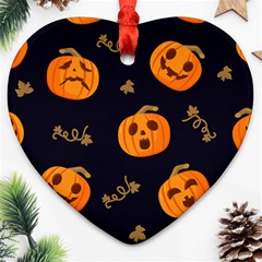 Funny Scary Black Orange Halloween Pumpkins Pattern Ornament (heart)