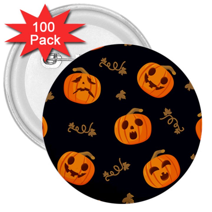 Funny Scary Black Orange Halloween Pumpkins Pattern 3  Buttons (100 pack) 