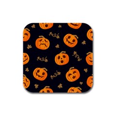 Funny Scary Black Orange Halloween Pumpkins Pattern Rubber Square Coaster (4 Pack)  by HalloweenParty