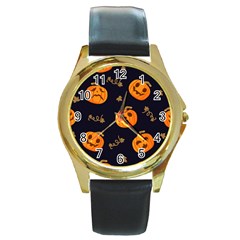 Funny Scary Black Orange Halloween Pumpkins Pattern Round Gold Metal Watch