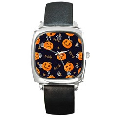 Funny Scary Black Orange Halloween Pumpkins Pattern Square Metal Watch by HalloweenParty