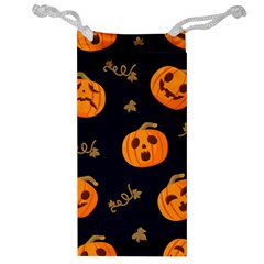 Funny Scary Black Orange Halloween Pumpkins Pattern Jewelry Bag by HalloweenParty