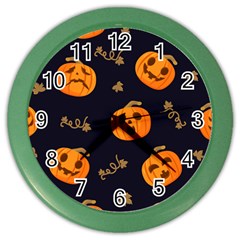 Funny Scary Black Orange Halloween Pumpkins Pattern Color Wall Clock by HalloweenParty