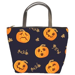 Funny Scary Black Orange Halloween Pumpkins Pattern Bucket Bag by HalloweenParty