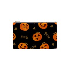 Funny Scary Black Orange Halloween Pumpkins Pattern Cosmetic Bag (small) by HalloweenParty