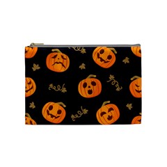 Funny Scary Black Orange Halloween Pumpkins Pattern Cosmetic Bag (medium) by HalloweenParty