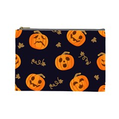 Funny Scary Black Orange Halloween Pumpkins Pattern Cosmetic Bag (large) by HalloweenParty