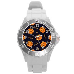 Funny Scary Black Orange Halloween Pumpkins Pattern Round Plastic Sport Watch (l) by HalloweenParty