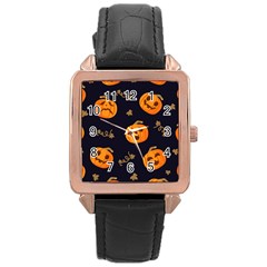 Funny Scary Black Orange Halloween Pumpkins Pattern Rose Gold Leather Watch 