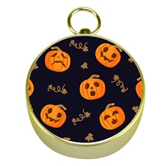 Funny Scary Black Orange Halloween Pumpkins Pattern Gold Compasses by HalloweenParty