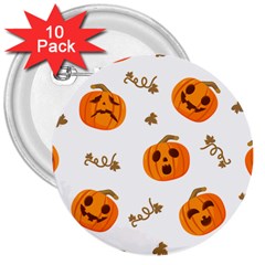 Funny Spooky Halloween Pumpkins Pattern White Orange 3  Buttons (10 Pack)  by HalloweenParty