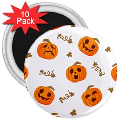 Funny Spooky Halloween Pumpkins Pattern White Orange 3  Magnets (10 Pack)  by HalloweenParty