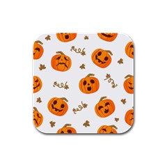 Funny Spooky Halloween Pumpkins Pattern White Orange Rubber Square Coaster (4 Pack)  by HalloweenParty