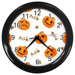 Funny Spooky Halloween Pumpkins Pattern White Orange Wall Clock (black) by HalloweenParty