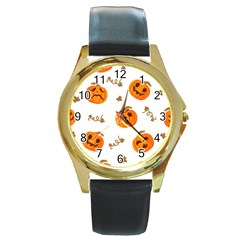 Funny Spooky Halloween Pumpkins Pattern White Orange Round Gold Metal Watch