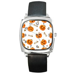 Funny Spooky Halloween Pumpkins Pattern White Orange Square Metal Watch by HalloweenParty