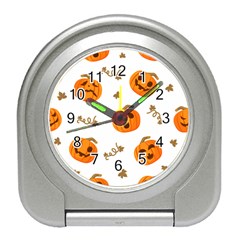 Funny Spooky Halloween Pumpkins Pattern White Orange Travel Alarm Clock by HalloweenParty