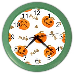 Funny Spooky Halloween Pumpkins Pattern White Orange Color Wall Clock by HalloweenParty