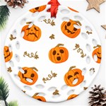 Funny Spooky Halloween Pumpkins Pattern White Orange Ornament (Round Filigree) Front