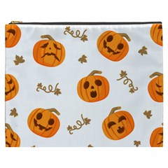 Funny Spooky Halloween Pumpkins Pattern White Orange Cosmetic Bag (xxxl) by HalloweenParty